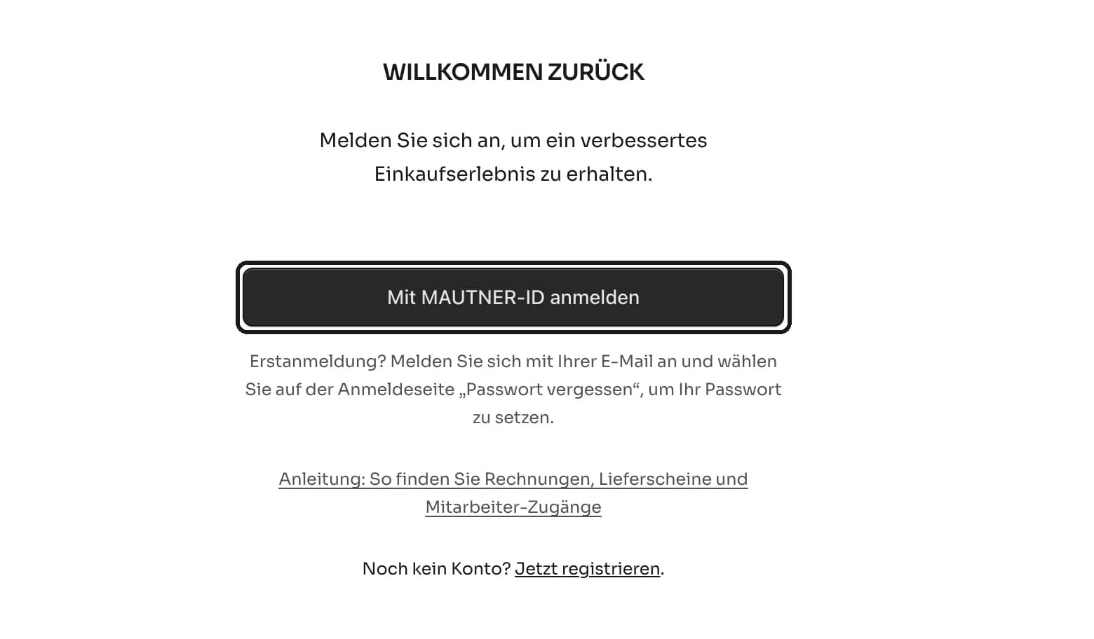 Anmeldeseite im MAUTNER Online-Shop mit dem Knopf Mit MAUTNER-ID anmelden