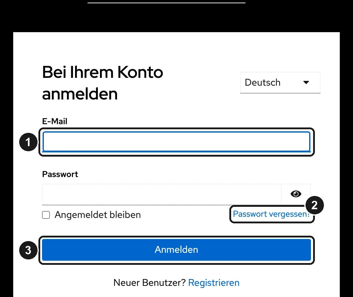 Anmeldeseite der MAUTNER-ID mit E-Mail, Passwort und dem Link Passwort vergessen