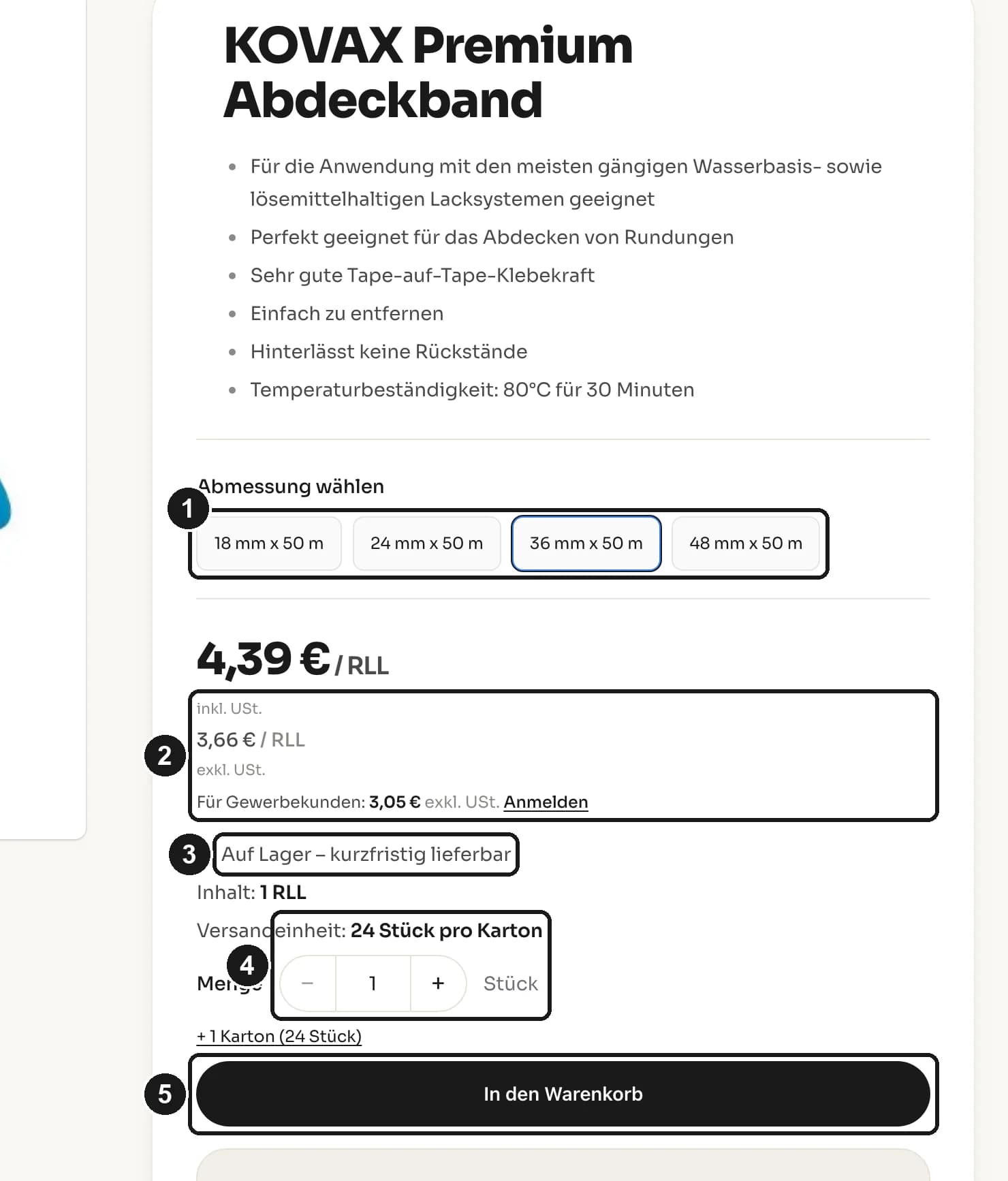Produktseite im MAUTNER Online-Shop mit Variante, Preis, Lagerstand, Menge und Warenkorb