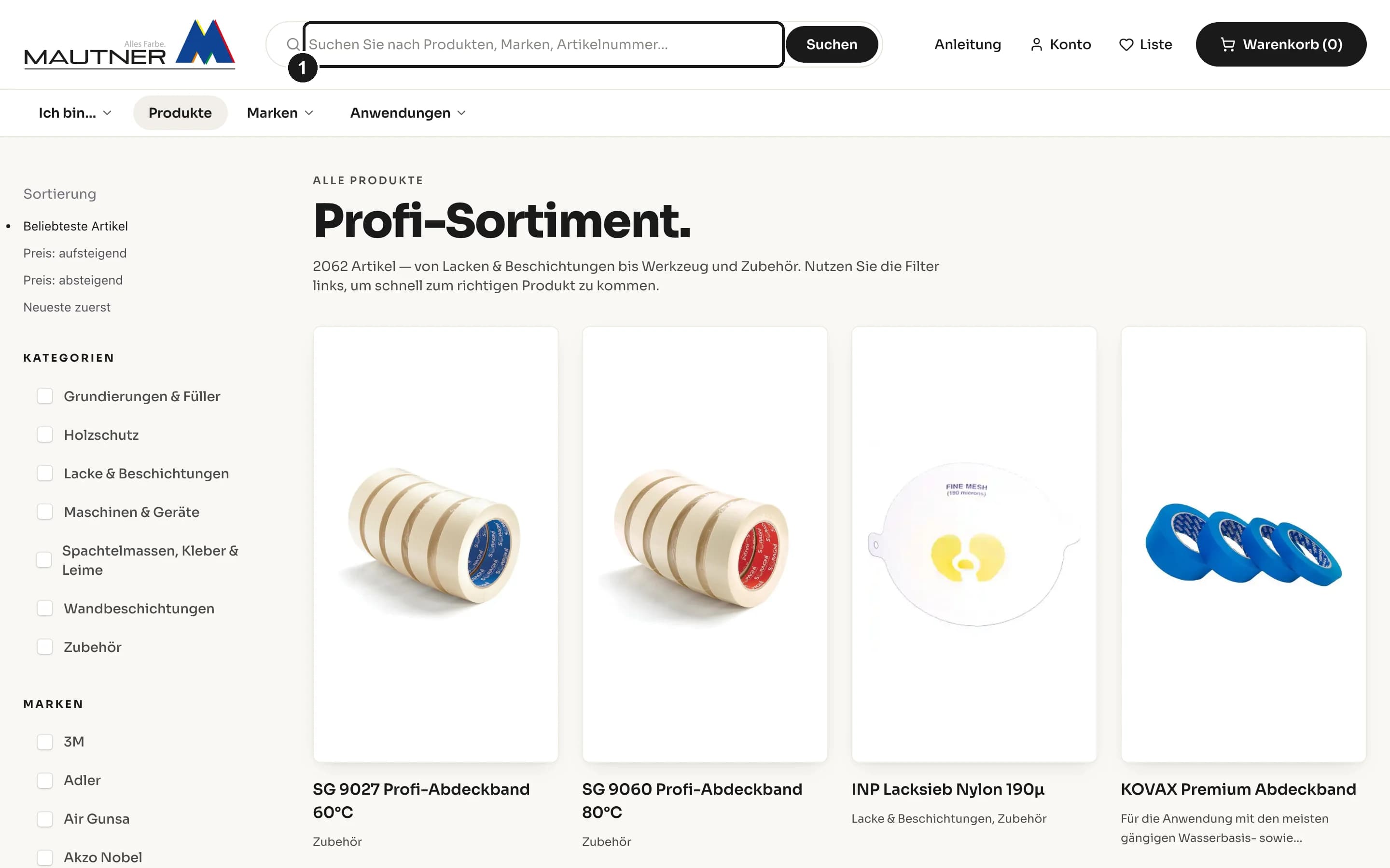 Suchergebnis im MAUTNER Online-Shop nach Eingabe einer Artikelnummer