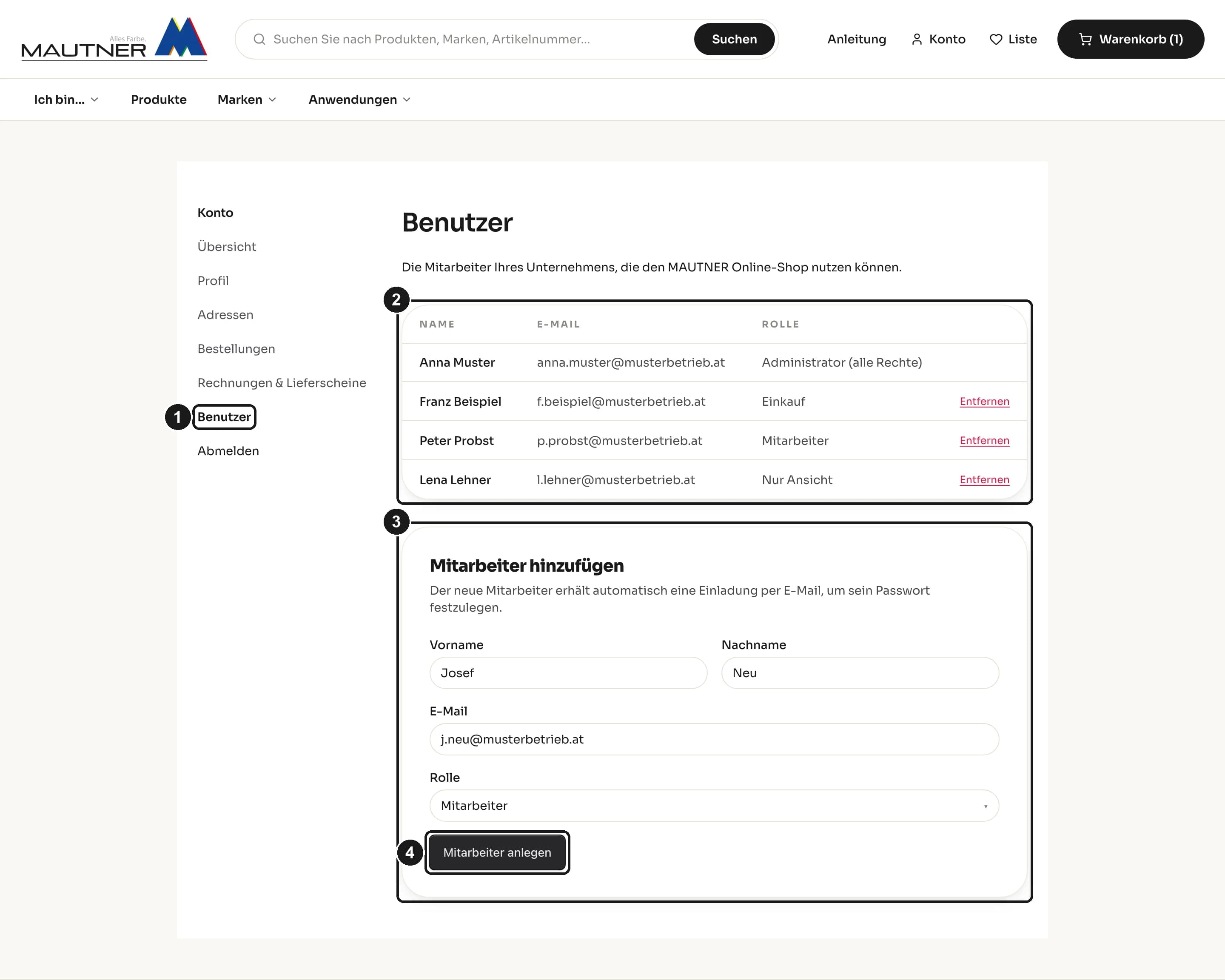Benutzerverwaltung im Kundenkonto des MAUTNER Online-Shops mit Liste und Formular
