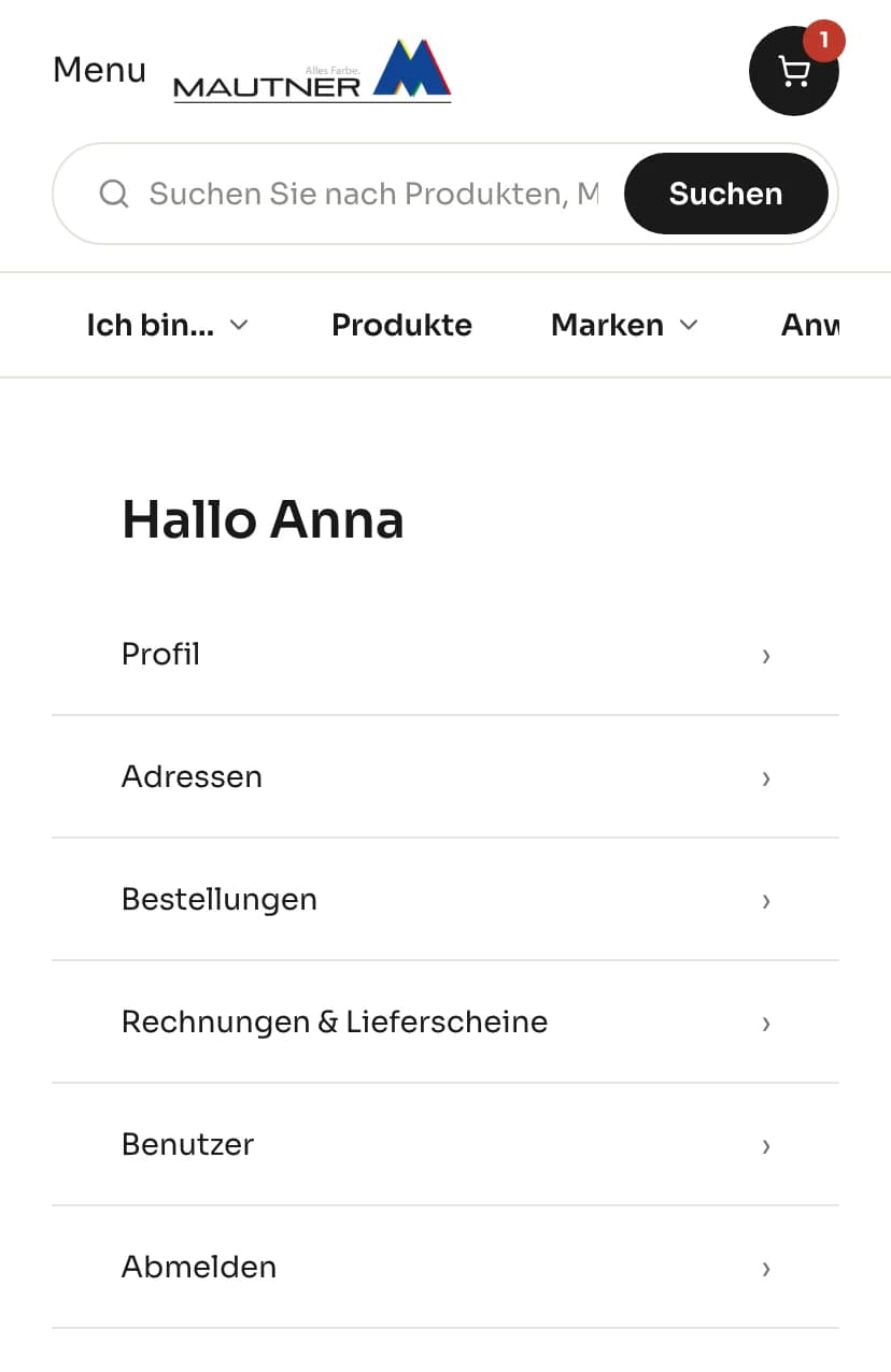 Konto-Menü im MAUTNER Online-Shop auf dem Smartphone